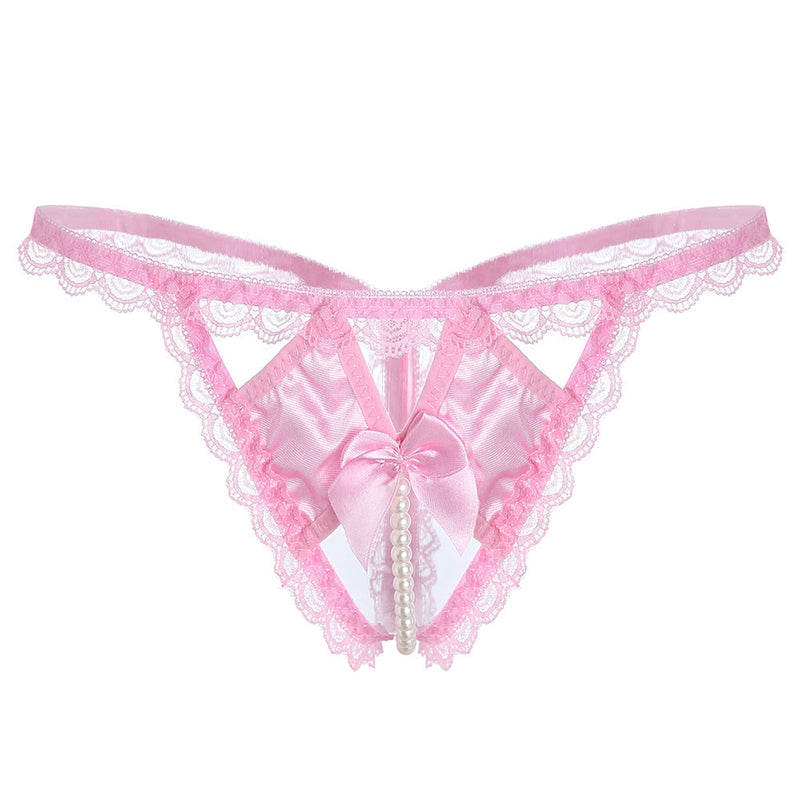 Pearl Massage Bowknot Lace Transparent T-Pants