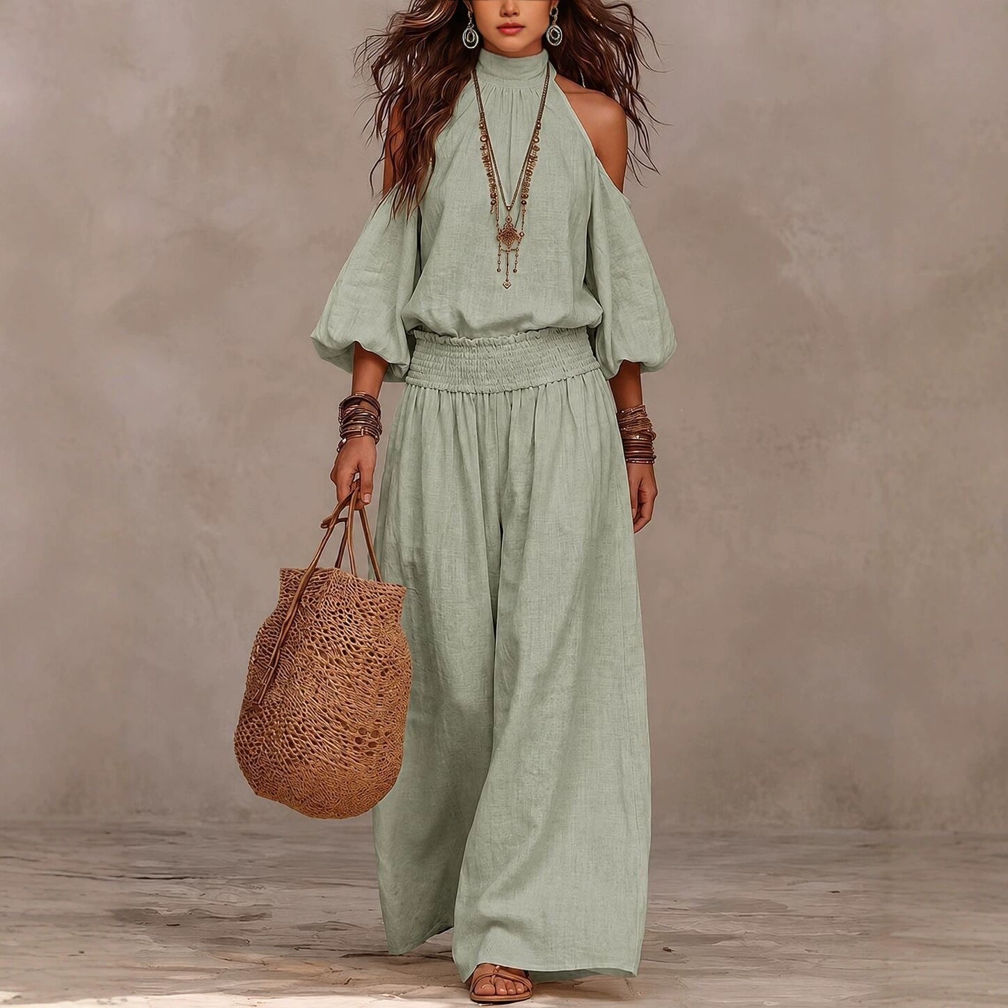 Women's Off-Shoulder Long Sleeve Solid Color Two-Piece Pants Set
