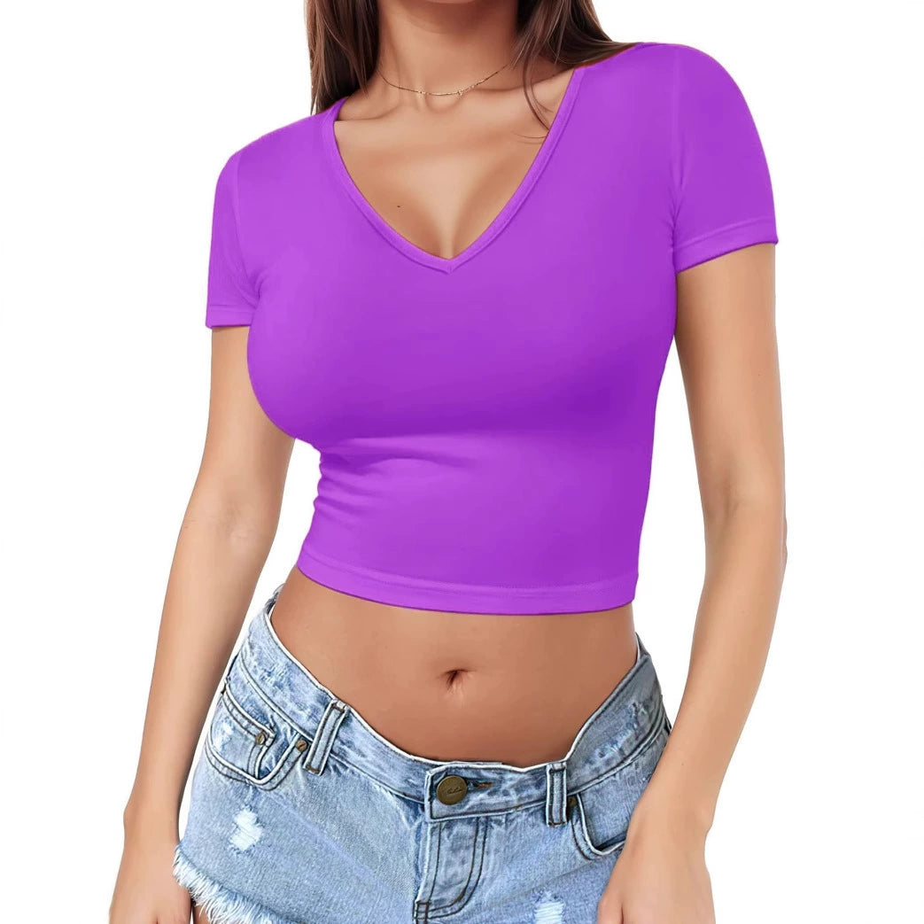Women's Short Sleeve V-Neck Cropped Spandex Slim Fit Tee