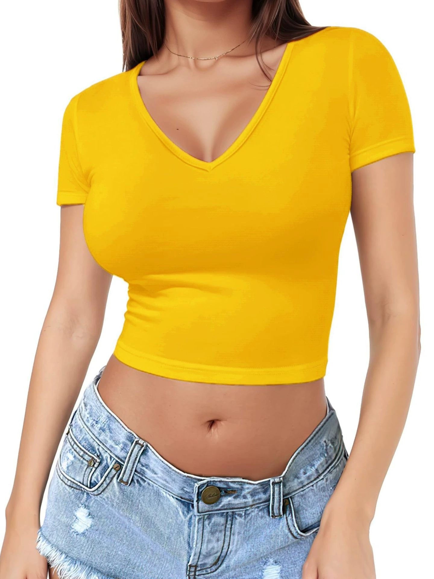 Women's Short Sleeve V-Neck Cropped Spandex Slim Fit Tee