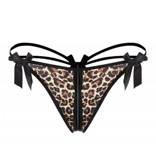 Bowknot crotchless leopard print briefs