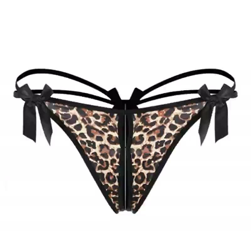 Bowknot crotchless leopard print briefs