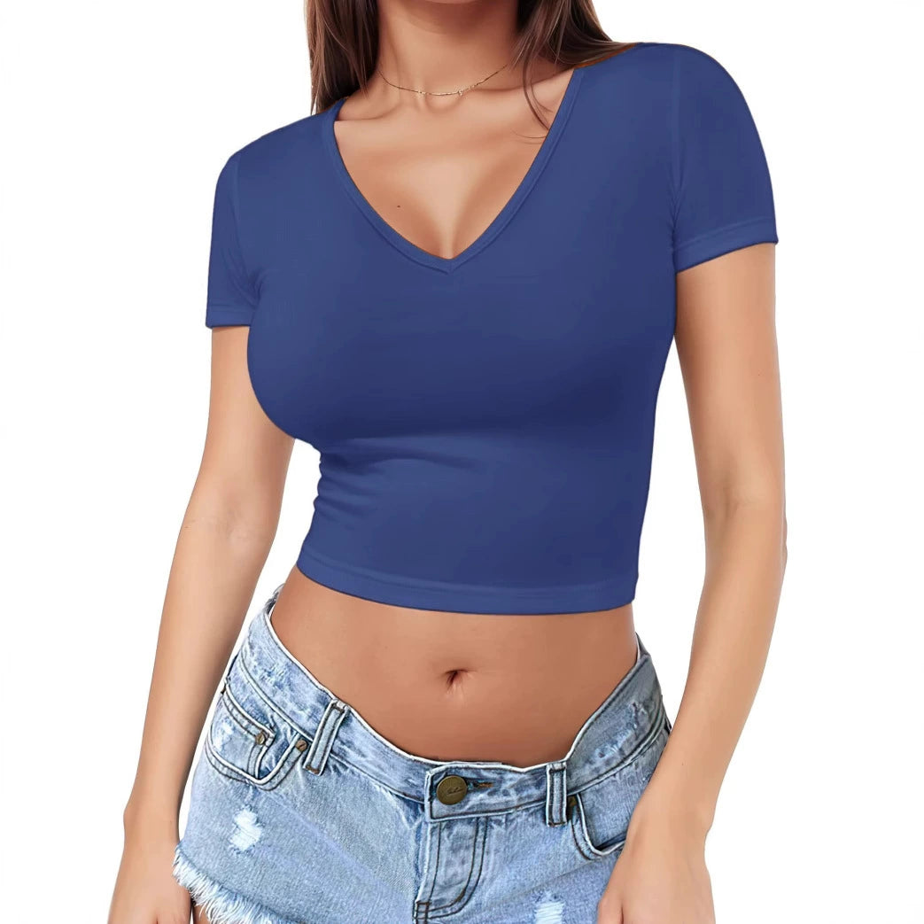 Women's Short Sleeve V-Neck Cropped Spandex Slim Fit Tee