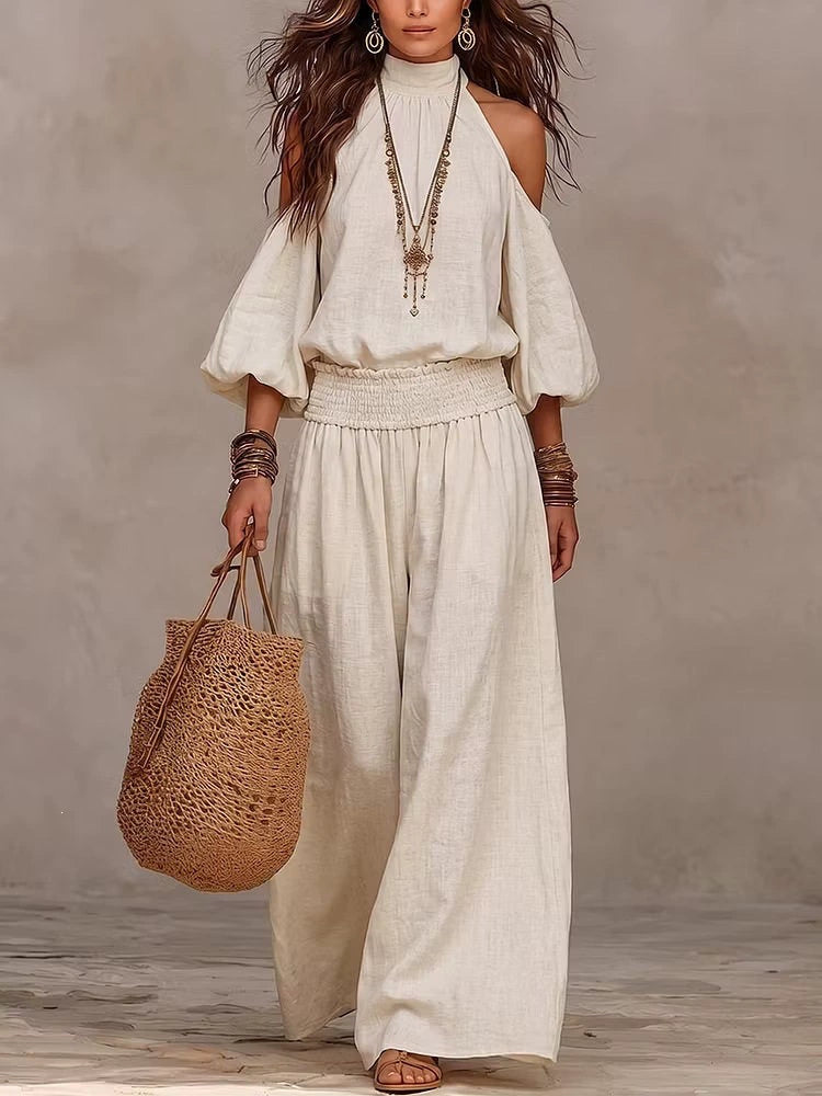 Women's Off-Shoulder Long Sleeve Solid Color Two-Piece Pants Set