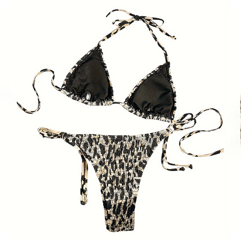 Floral print lace-up triangle bikini