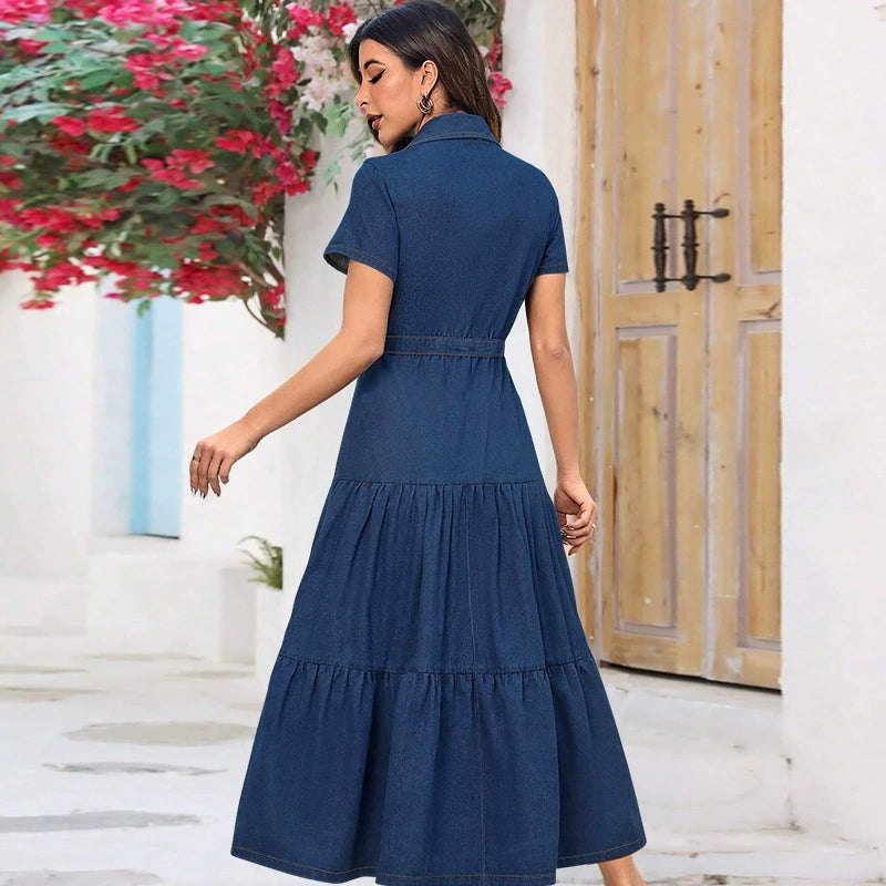 Women's Denim Lapel Short Sleeve Waist-Defining Open-Front Long Dress