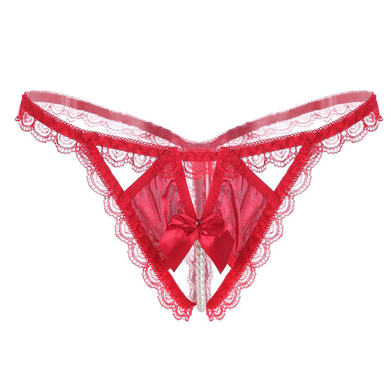 Pearl Massage Bowknot Lace Transparent T-Pants