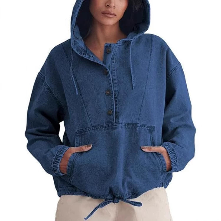 Women's Collared Long Sleeve Button-Front Denim Jacket