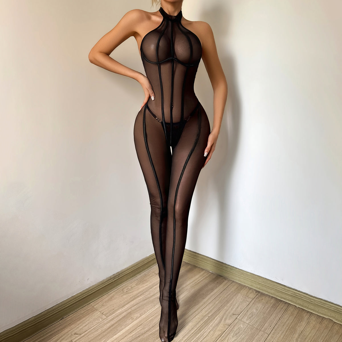 Striped black silk bodysuit
