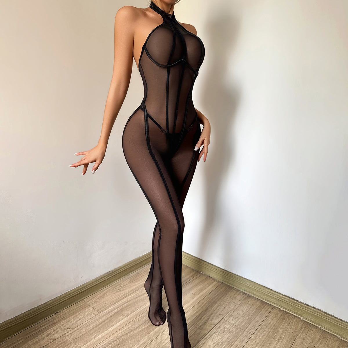 Striped black silk bodysuit