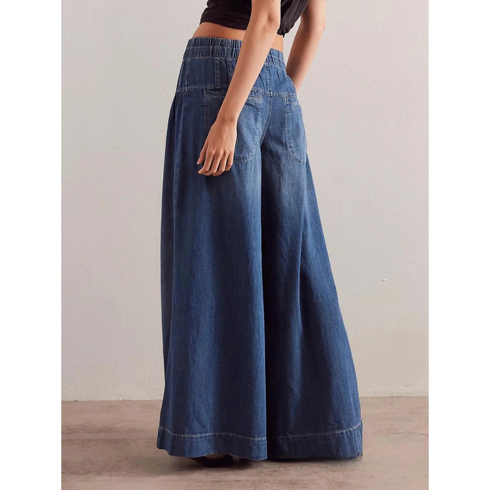 Women's Mid-Rise Baggy Flared Denim Pants with Pleated Ruffles and Elastic Drawstring Waist