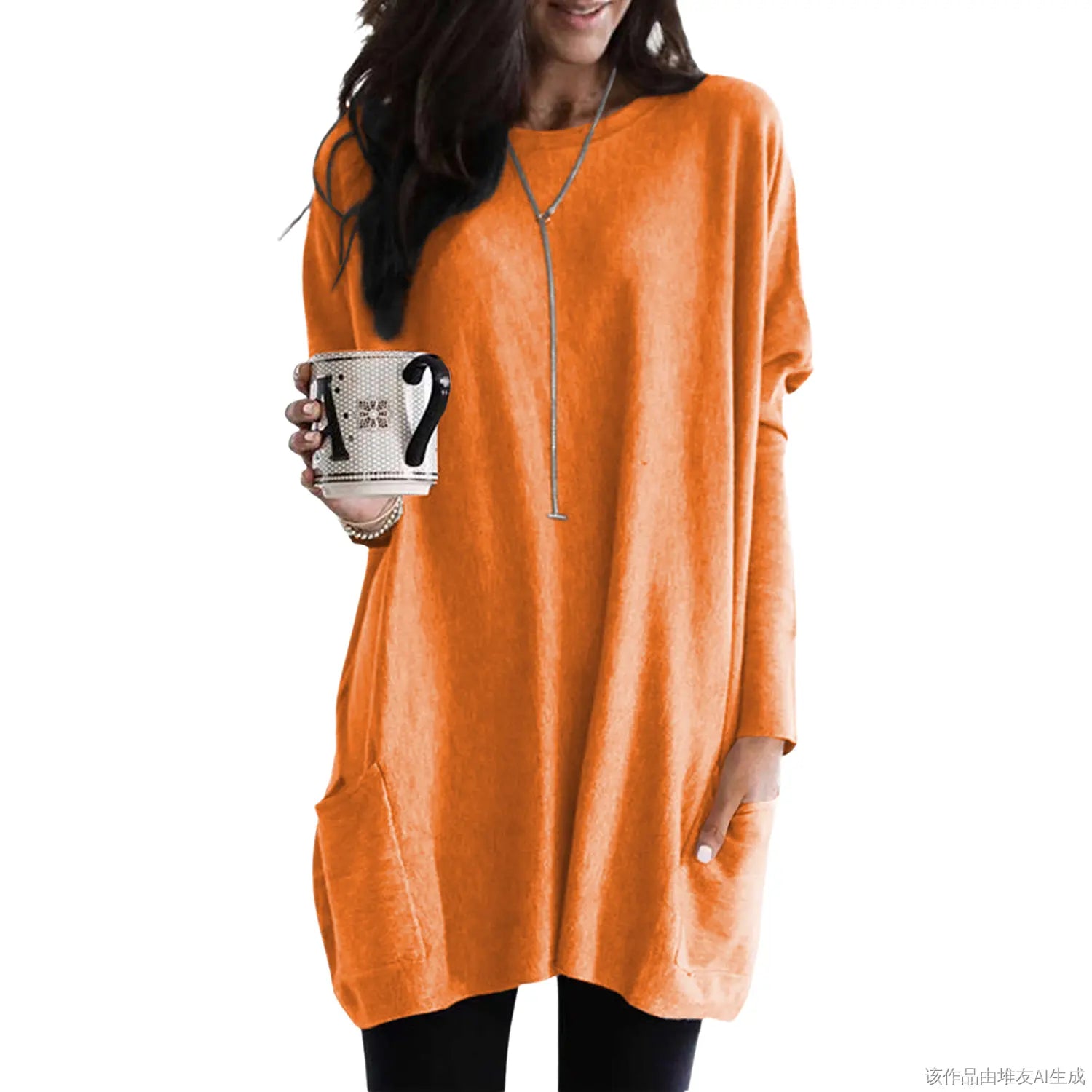 Women's Long Sleeve Scoop Neck Lightweight Tunic Top with Pockets
