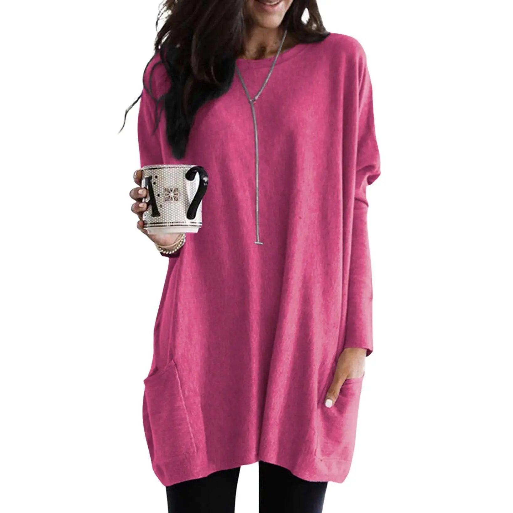 Women's Long Sleeve Scoop Neck Lightweight Tunic Top with Pockets