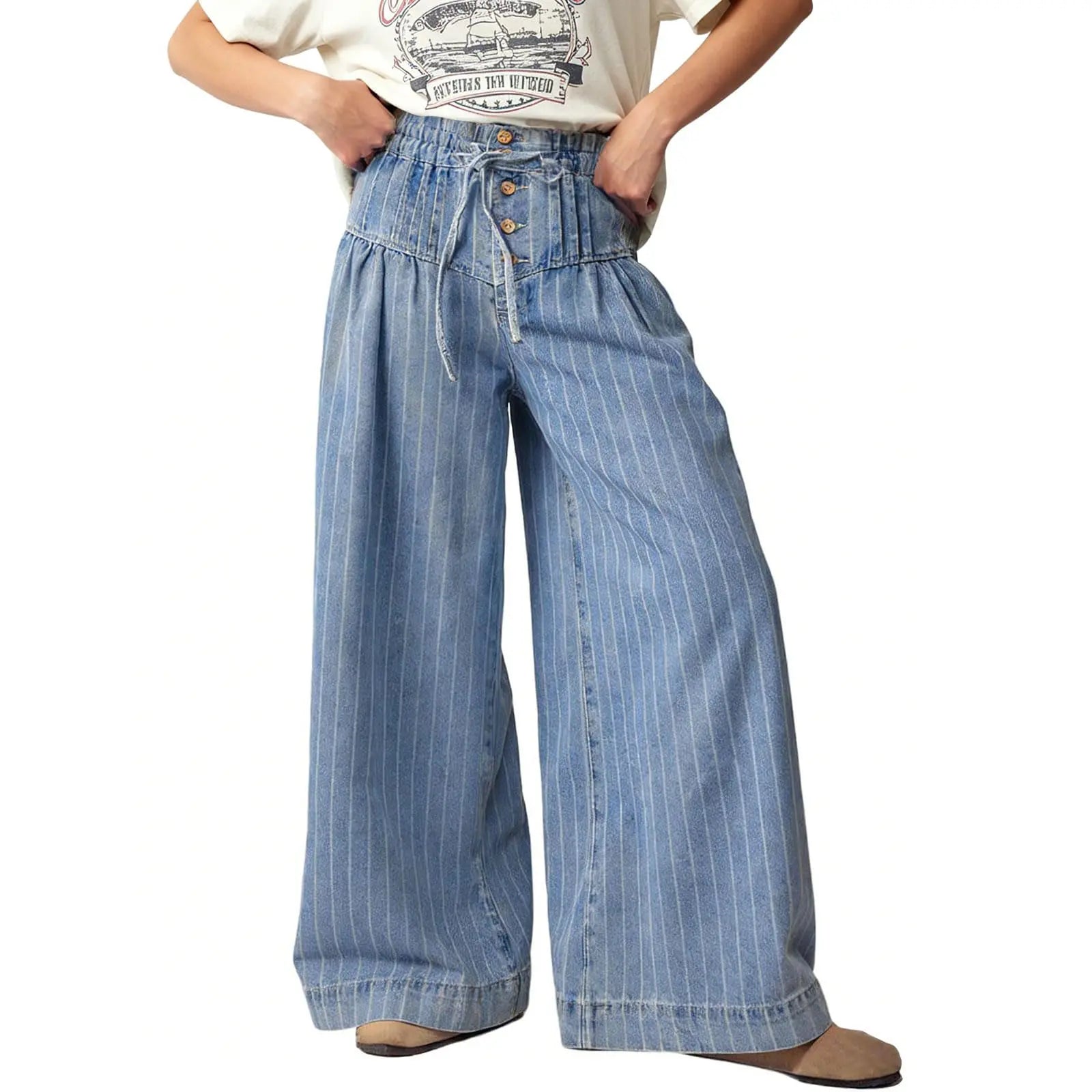 Women's Mid-Rise Baggy Flared Denim Pants with Pleated Ruffles and Elastic Drawstring Waist