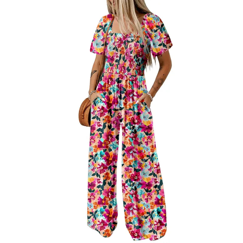Colorful Boho Floral Short Sleeve Wide-Leg Jumpsuit