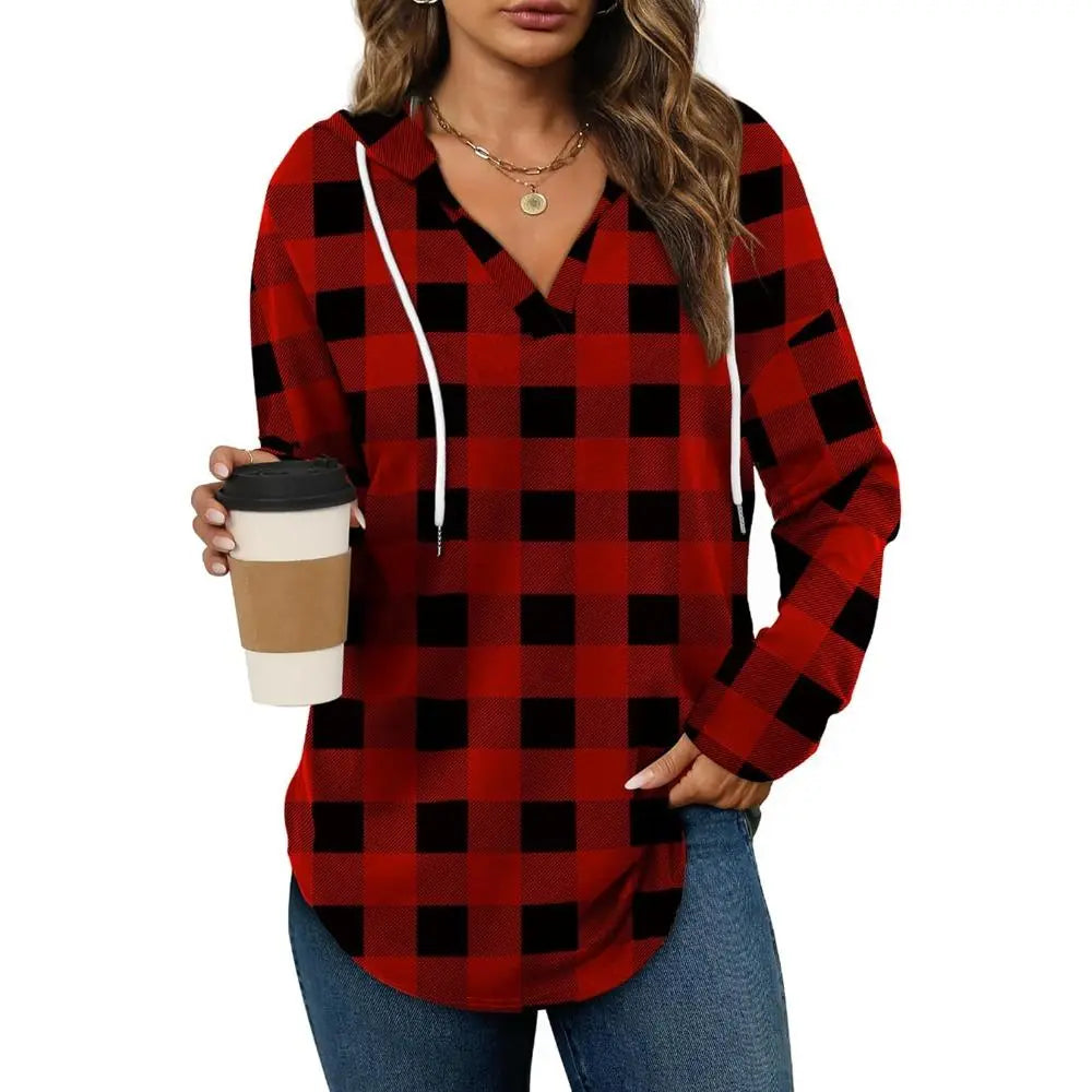 Women's Plaid V-Neck Long Sleeve Oversized Tunic Hoodie Sweatshirt