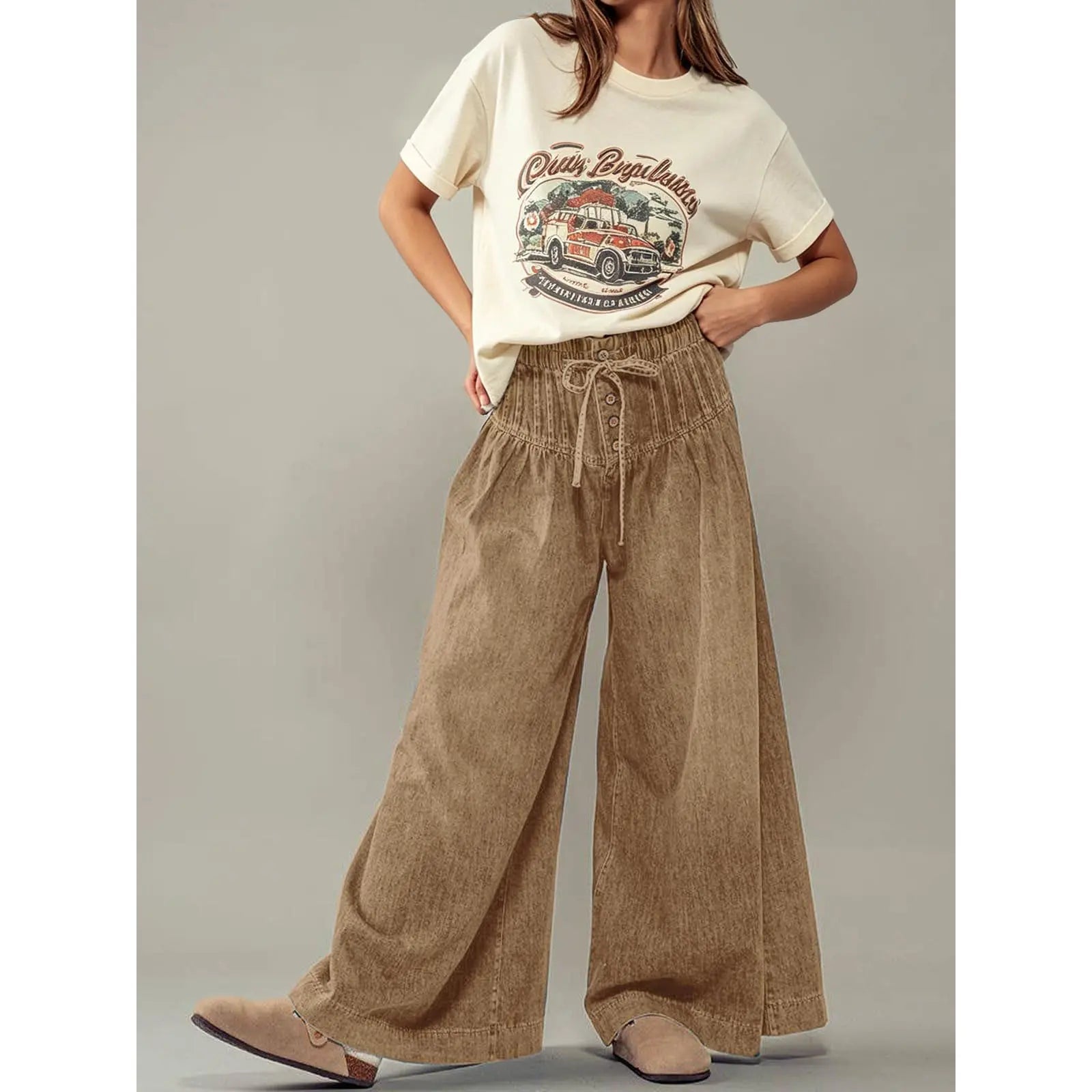 Women's Mid-Rise Baggy Flared Denim Pants with Pleated Ruffles and Elastic Drawstring Waist