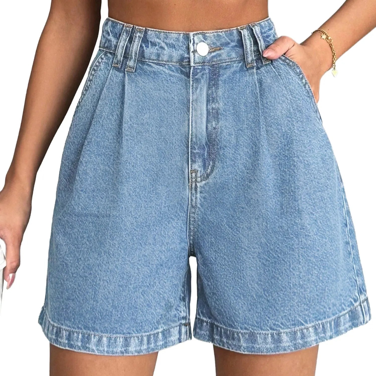 Women's High Waisted A-Line Bermuda Stretchy Denim Shorts with Belt Loops