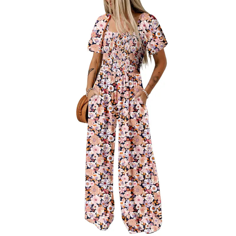 Colorful Boho Floral Short Sleeve Wide-Leg Jumpsuit