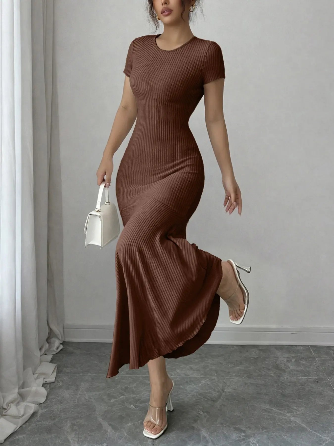 Women's Short-Sleeve Crew-Neck Bodycon Mermaid Maxi Dress