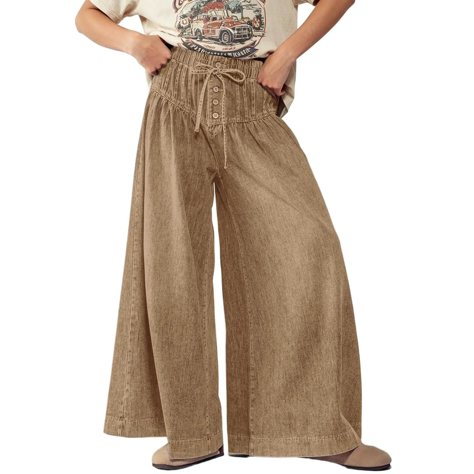 Women's Mid-Rise Baggy Flared Denim Pants with Pleated Ruffles and Elastic Drawstring Waist