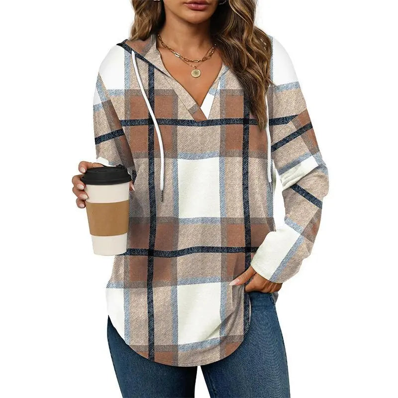 Women's Plaid V-Neck Long Sleeve Oversized Tunic Hoodie Sweatshirt