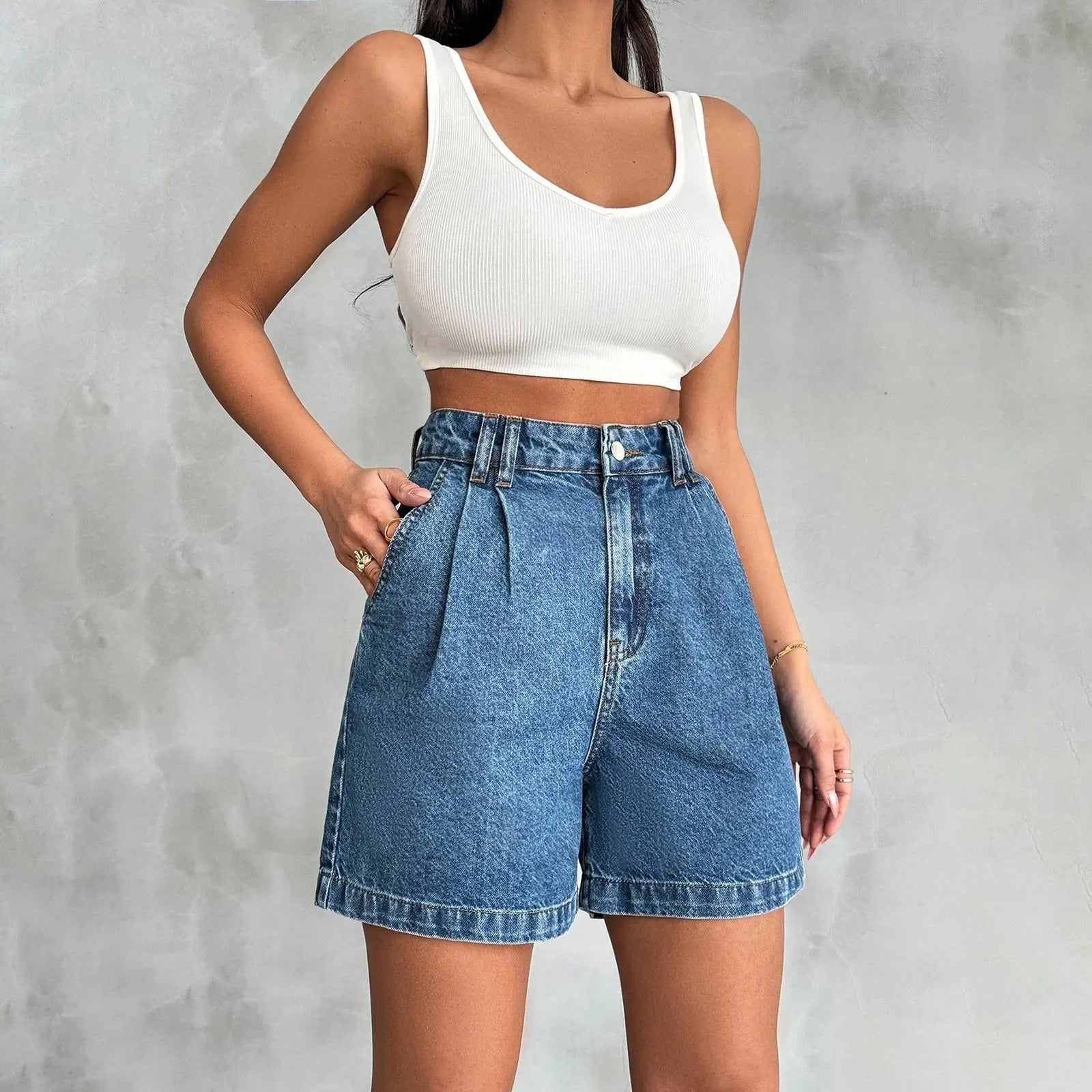 Women's High Waisted A-Line Bermuda Stretchy Denim Shorts with Belt Loops