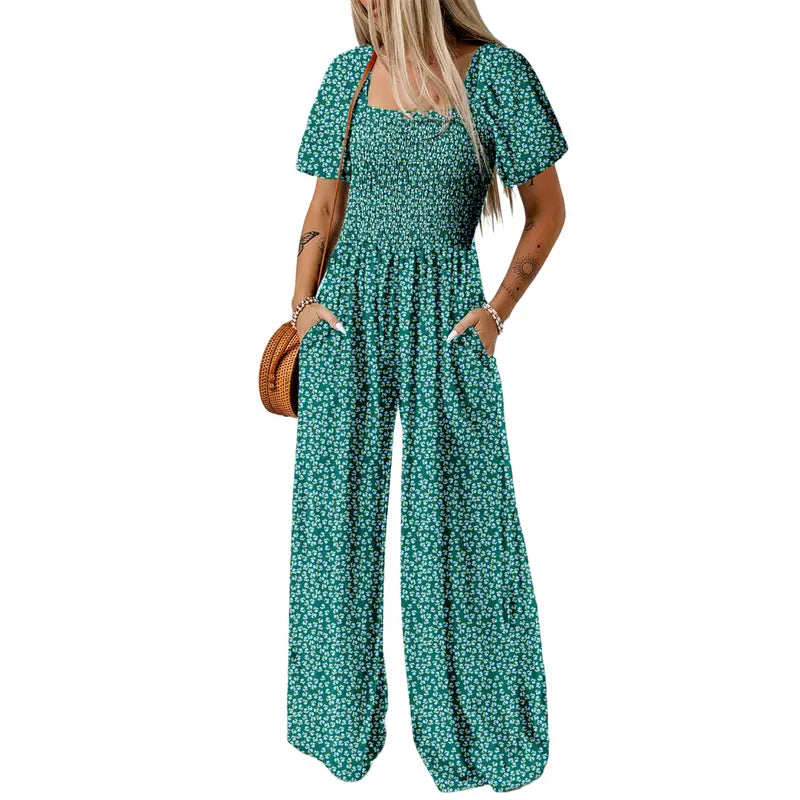 Colorful Boho Floral Short Sleeve Wide-Leg Jumpsuit