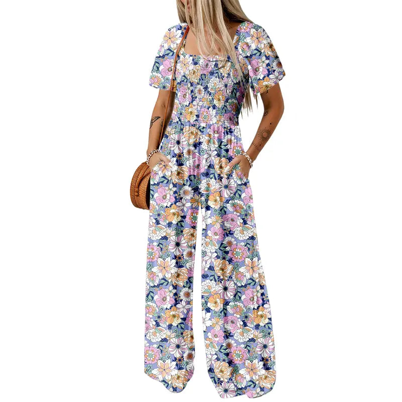 Colorful Boho Floral Short Sleeve Wide-Leg Jumpsuit