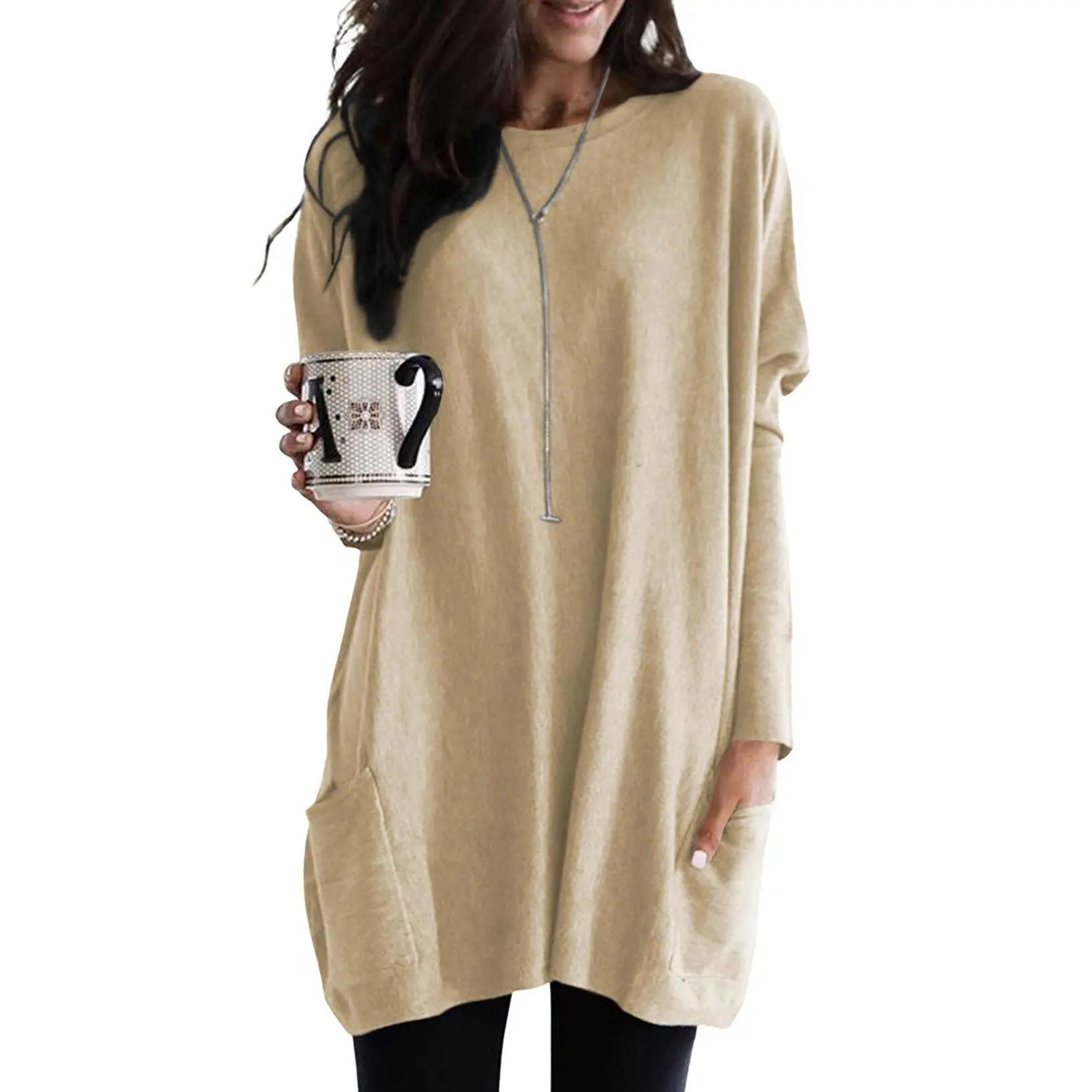 Women's Long Sleeve Scoop Neck Lightweight Tunic Top with Pockets