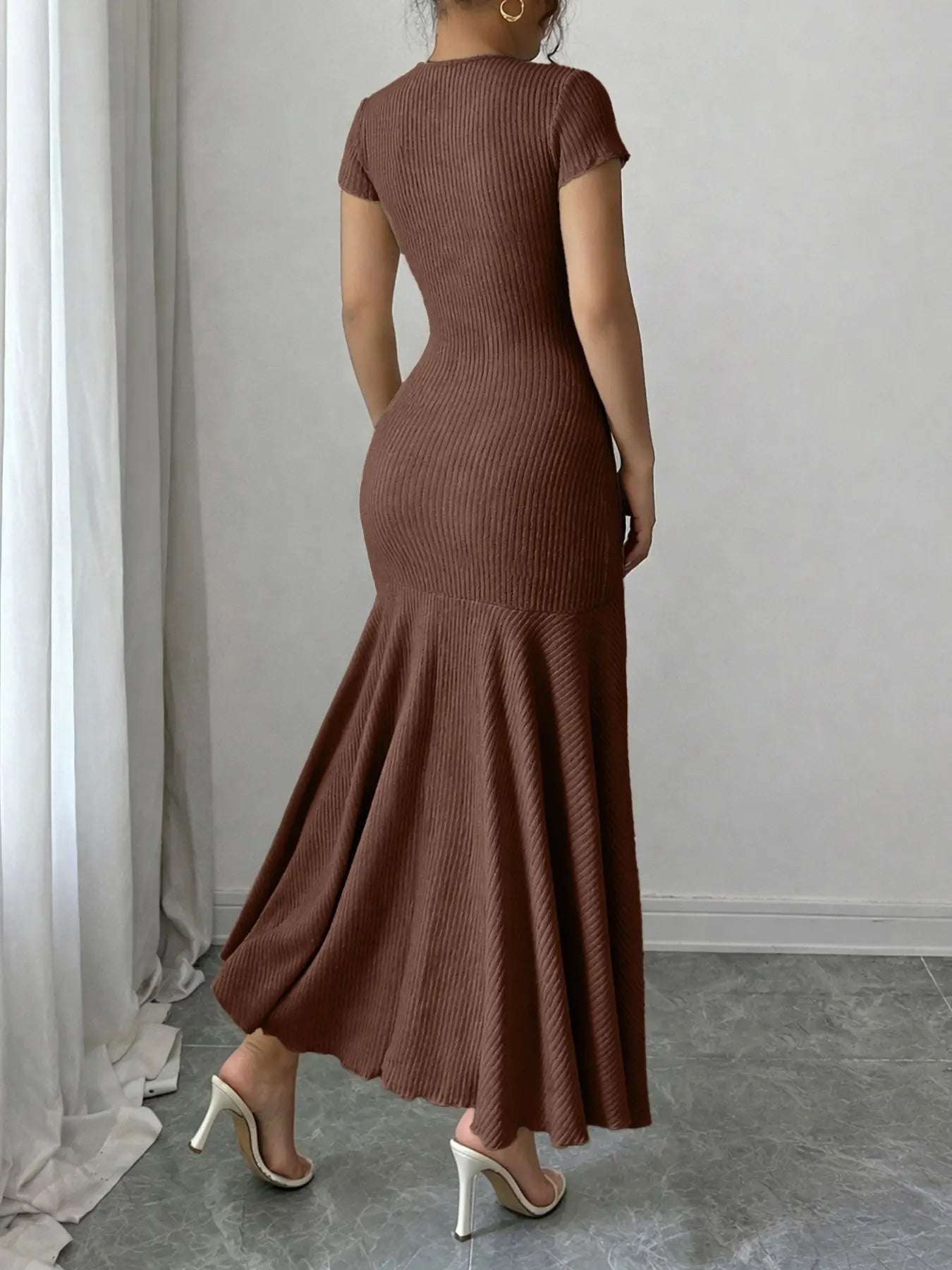 Women's Short-Sleeve Crew-Neck Bodycon Mermaid Maxi Dress