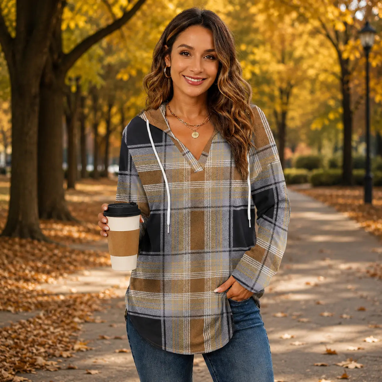 Women's Plaid V-Neck Long Sleeve Oversized Tunic Hoodie Sweatshirt