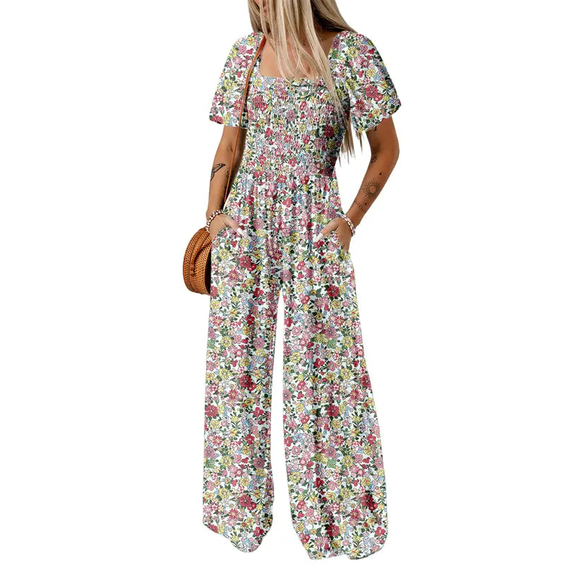 Colorful Boho Floral Short Sleeve Wide-Leg Jumpsuit