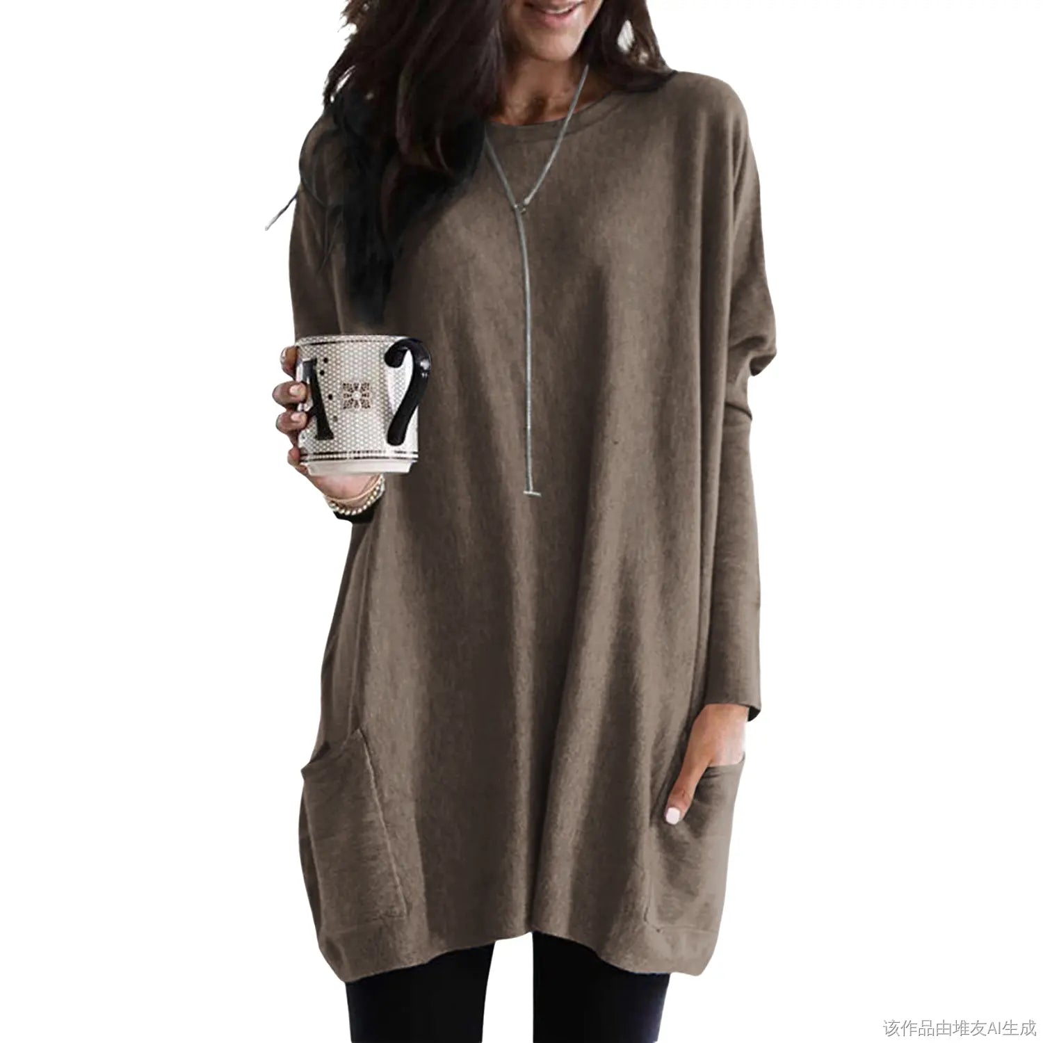 Women's Long Sleeve Scoop Neck Lightweight Tunic Top with Pockets