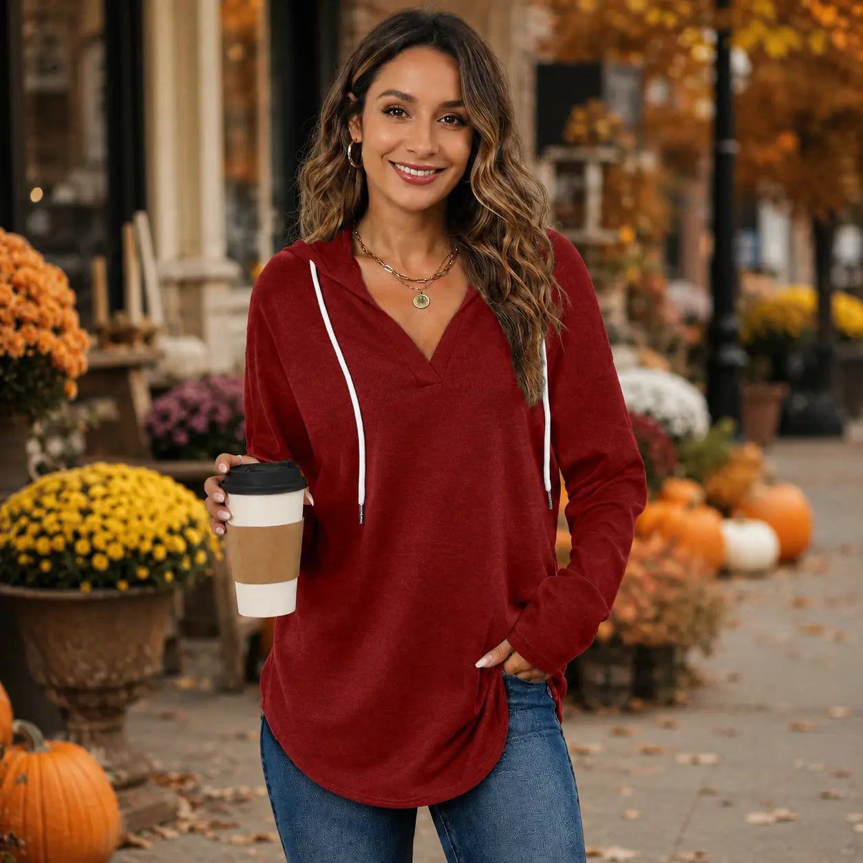 Women's Plaid V-Neck Long Sleeve Oversized Tunic Hoodie Sweatshirt
