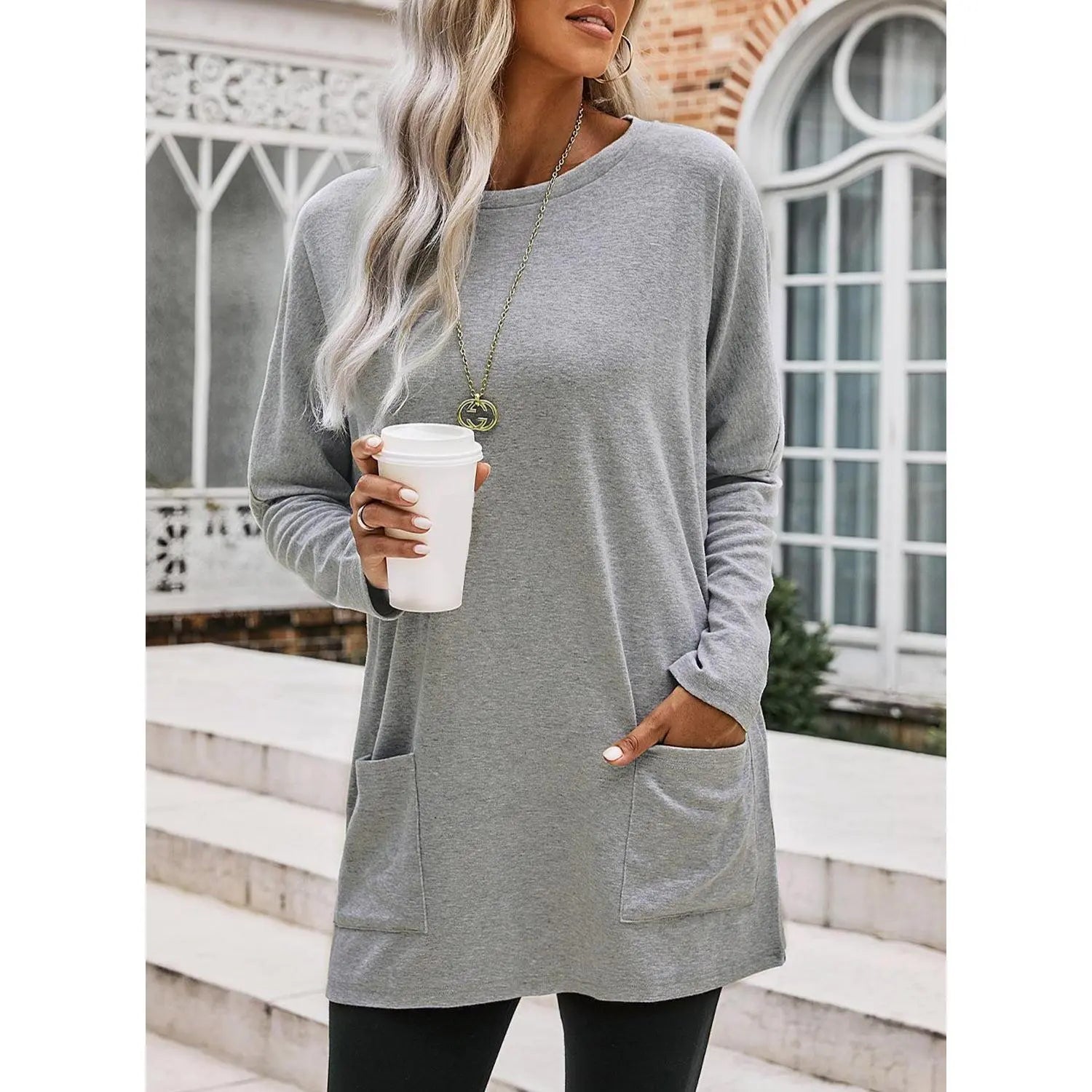 Women's Long Sleeve Scoop Neck Lightweight Tunic Top with Pockets