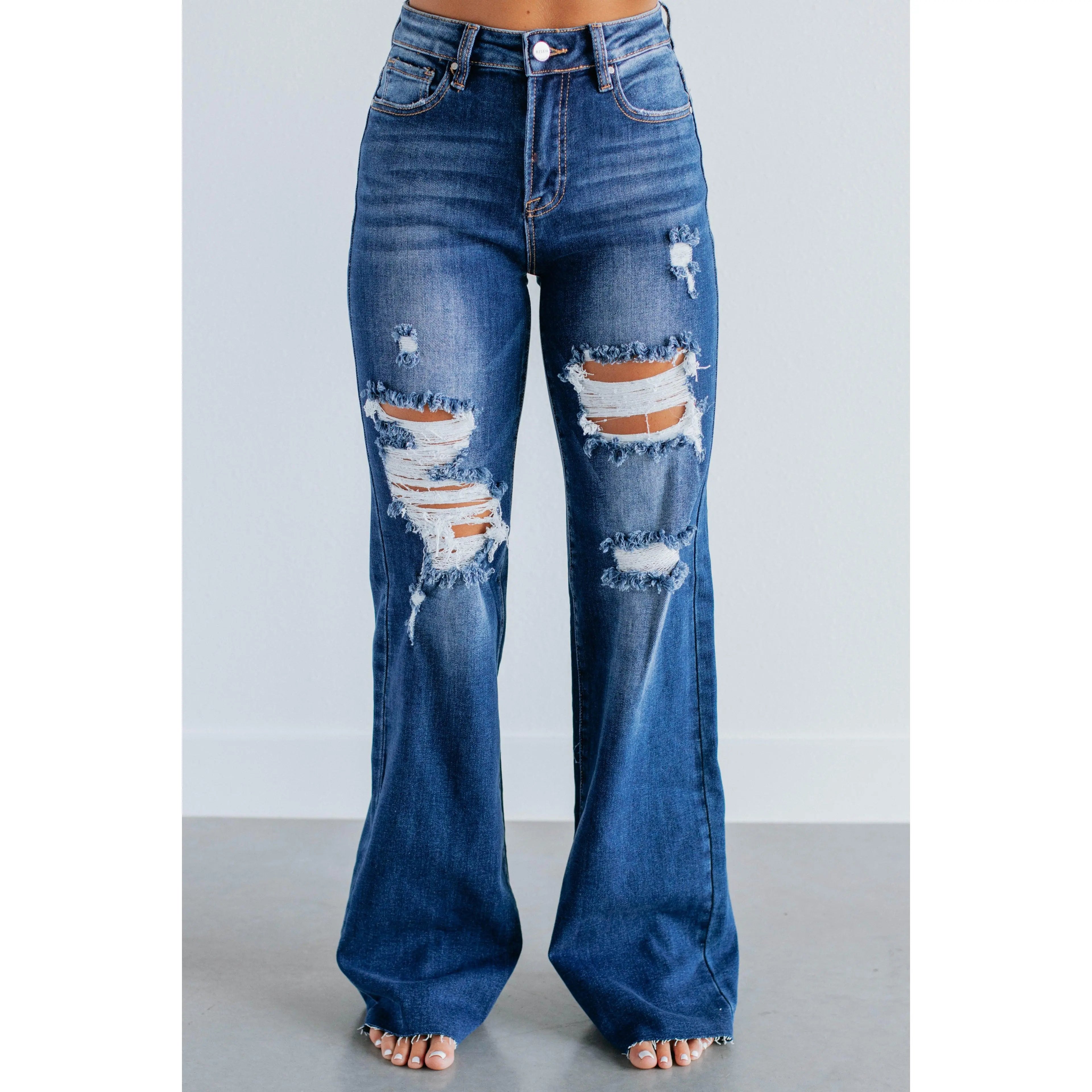 Women's High-Rise Distressed Wide-Leg Denim Jeans