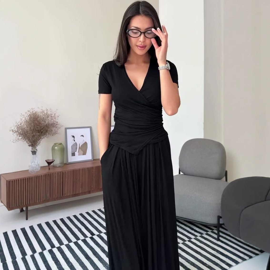 Sienna Ruched V-Neck Wide Leg Set