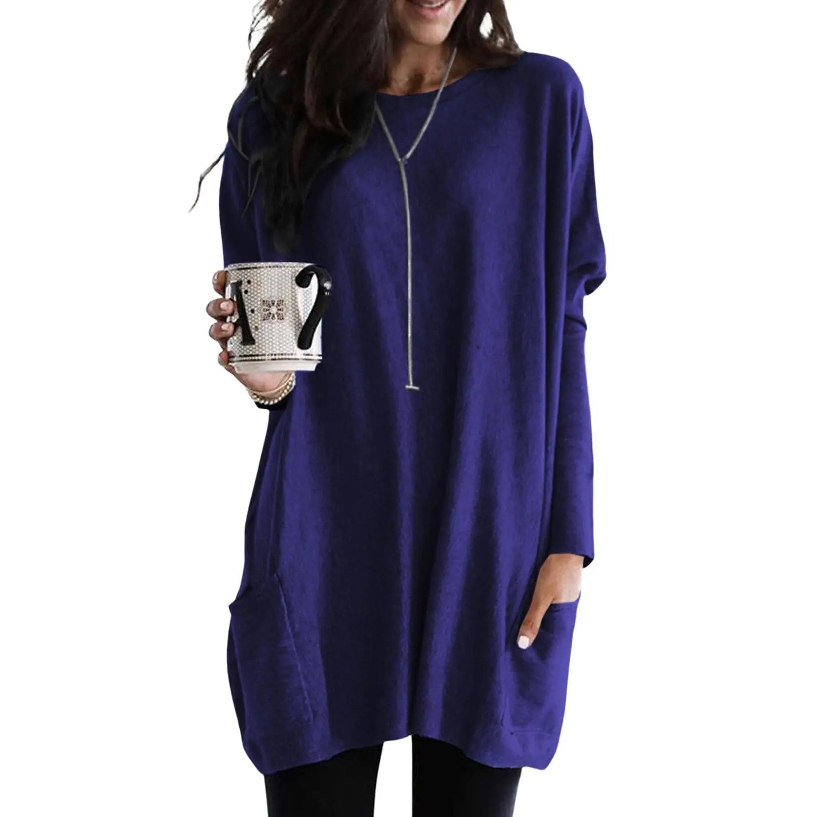 Women's Long Sleeve Scoop Neck Lightweight Tunic Top with Pockets