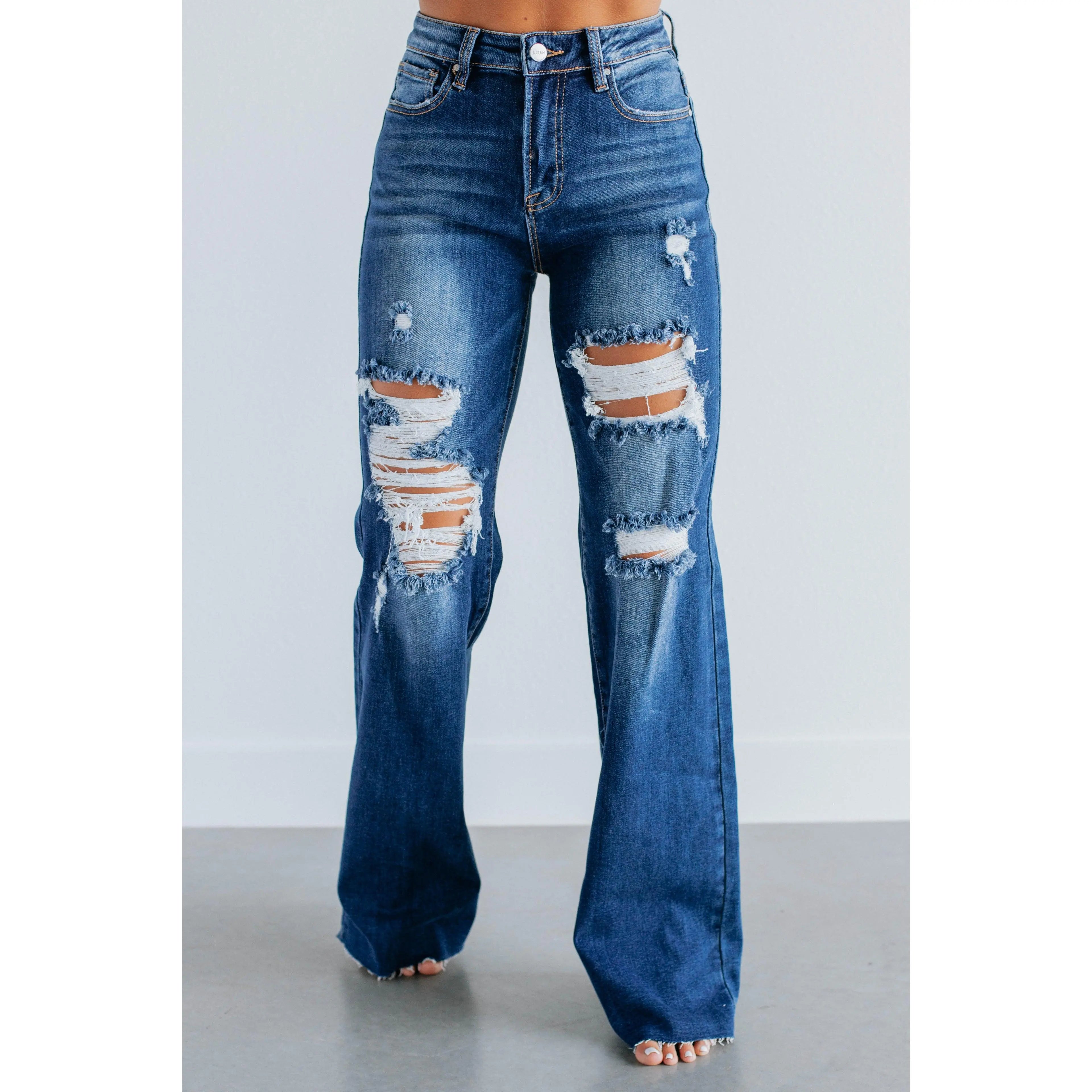 Women's High-Rise Distressed Wide-Leg Denim Jeans