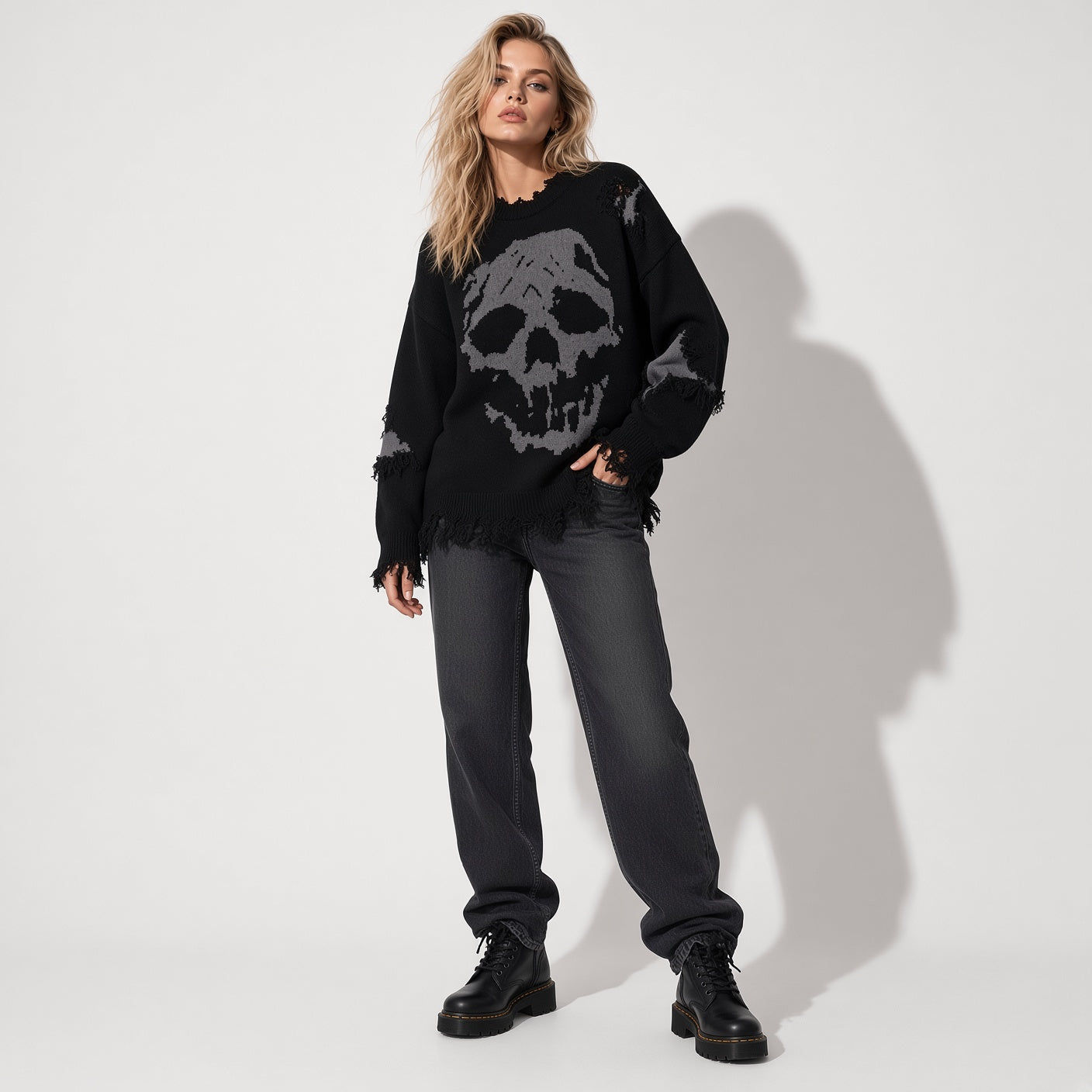 Distressed Skull Halloween Knit Sweater