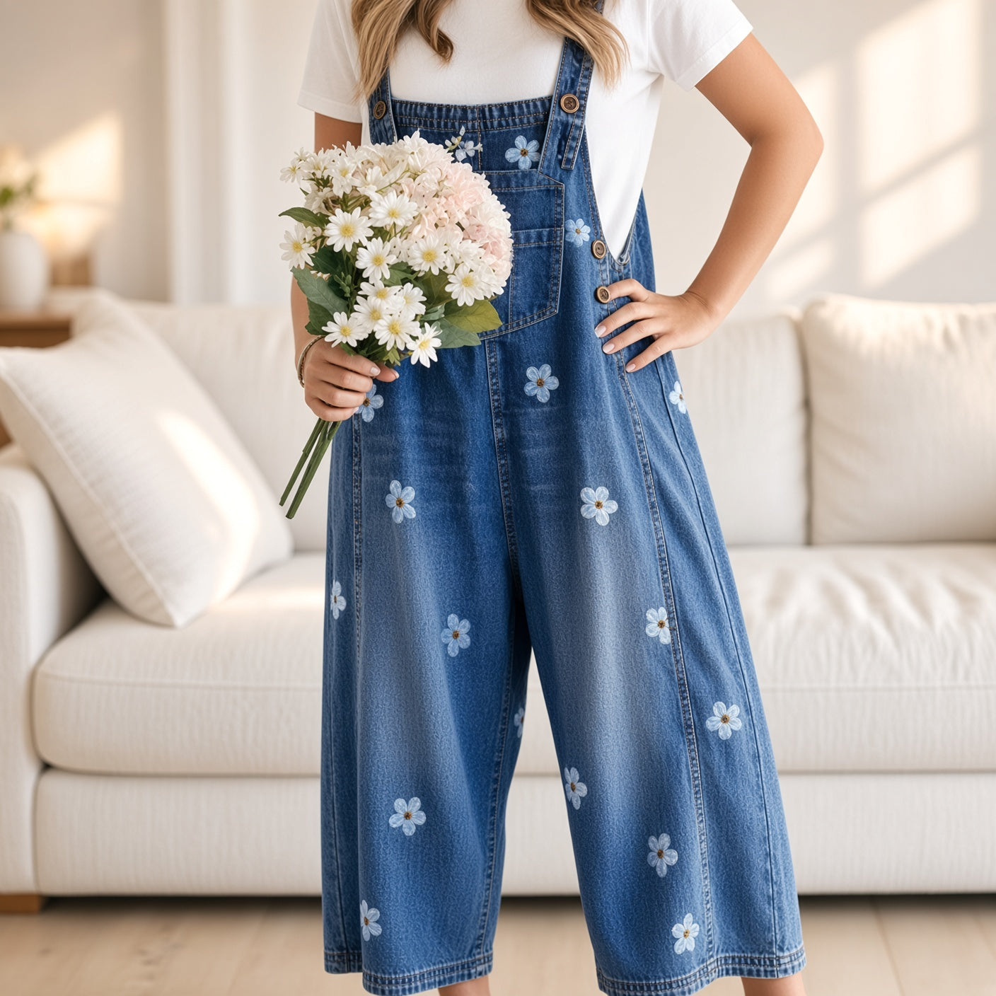Luna Floral Embroidered Denim Overalls