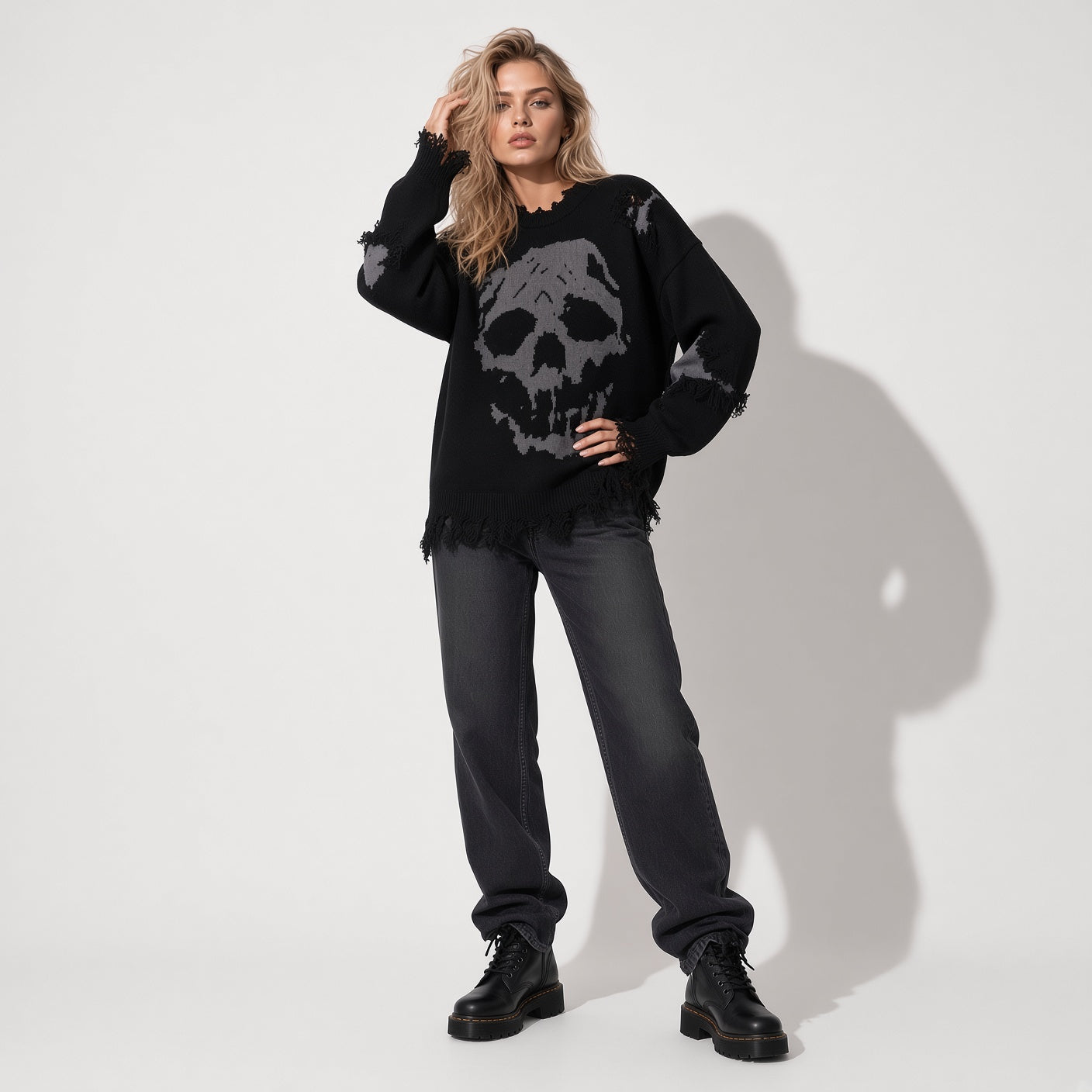 Distressed Skull Halloween Knit Sweater