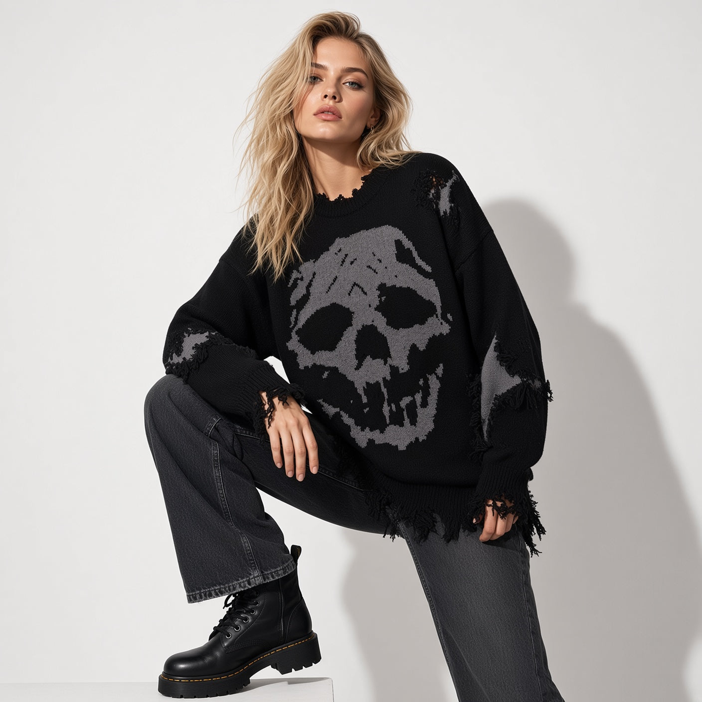Distressed Skull Halloween Knit Sweater