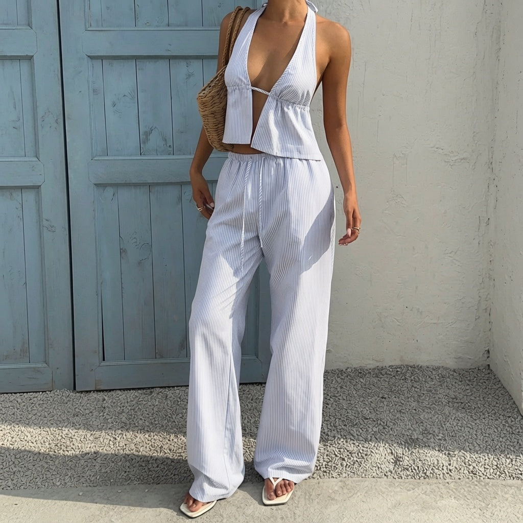 LunaMuse™ Striped Halter Wide Leg Two Piece Set