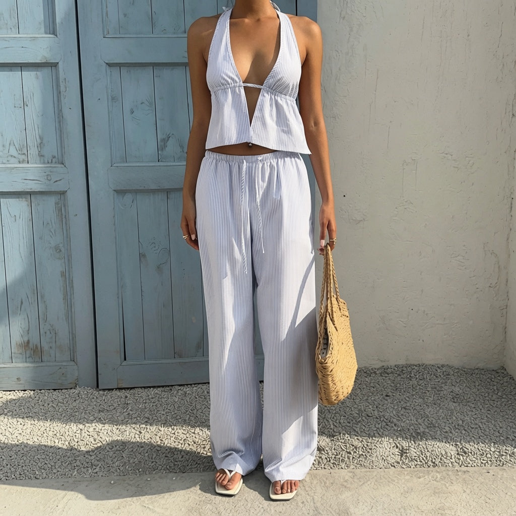 LunaMuse™ Striped Halter Wide Leg Two Piece Set