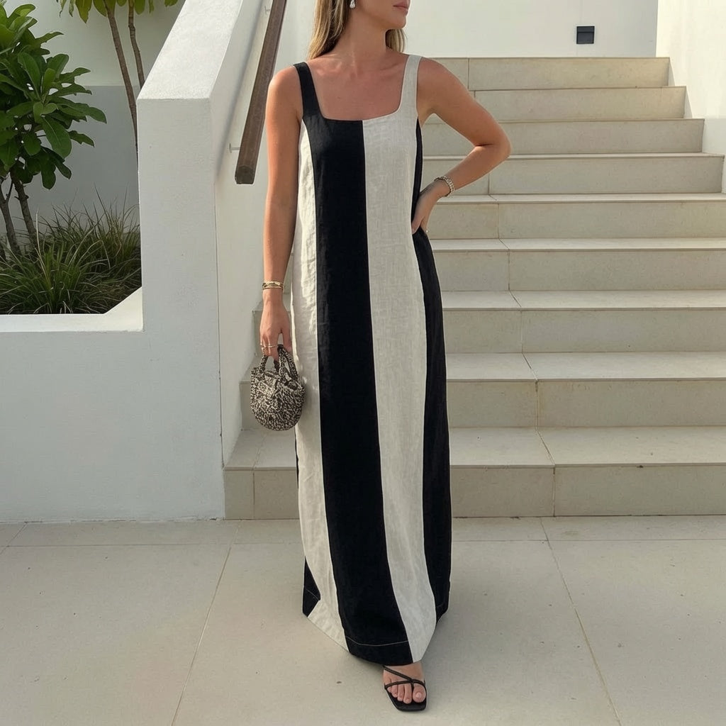 Long Cotton-Linen Color-Block Dress