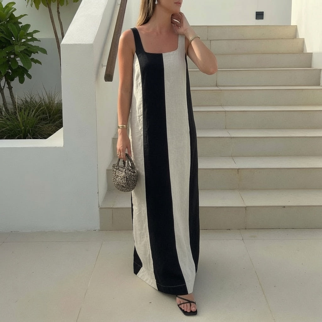 Long Cotton-Linen Color-Block Dress