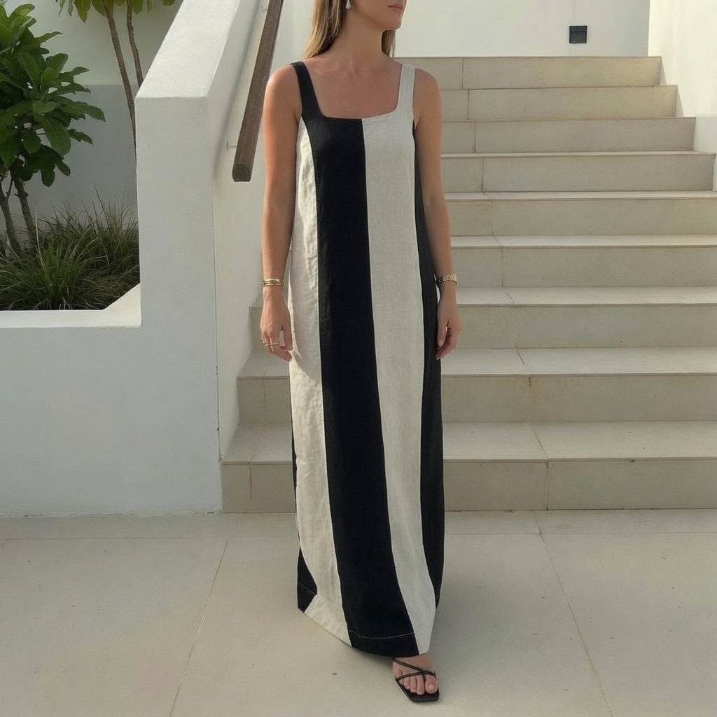 Long Cotton-Linen Color-Block Dress