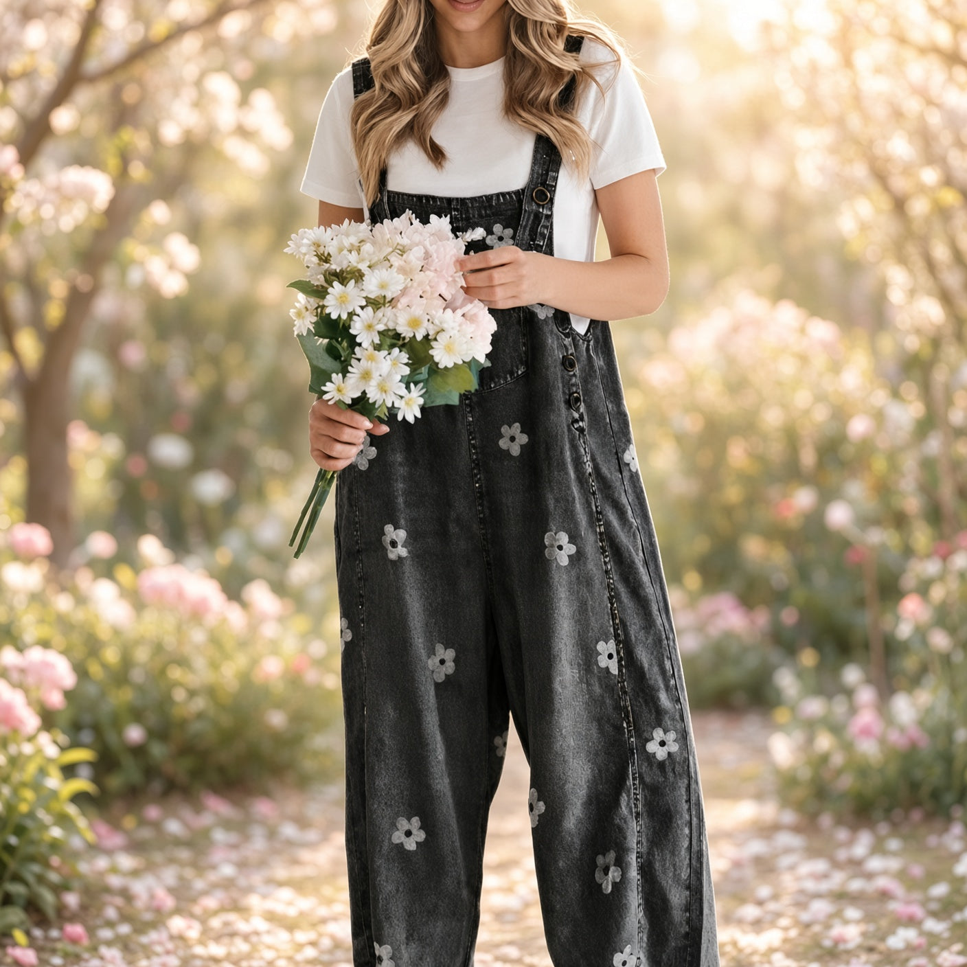 Luna Floral Embroidered Denim Overalls